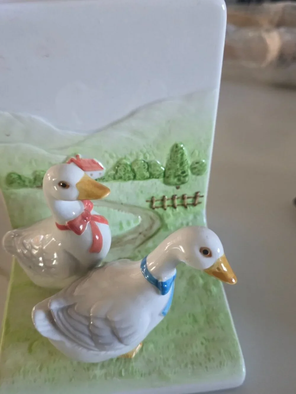 Vintage 1980's Otagiri Geese Bookend (1) Ceramic Goose Blue Red Bow
